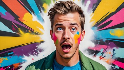 A vibrant portrait of a white man with a look of surprise, the spontaneous burst of color from a street art mural adding to the effect, generative AI