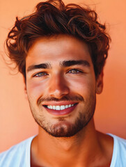 Fototapeta premium Closeup Portrait oh handsome young male Caucasian model smiling with perfect teeth isolated on peach orange background