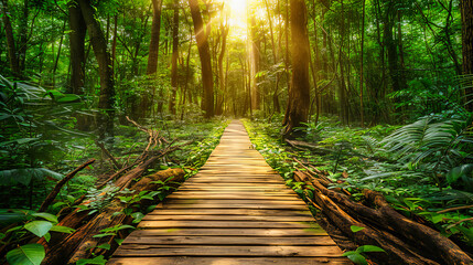 Obraz premium Tranquil Forest Bridge, Serene Walkway Amongst Lush Foliage, Peaceful Nature Journey