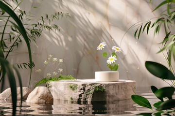 Pedestal with elements of ecology, nature, sun rays, plants, water, product photography - obrazy, fototapety, plakaty