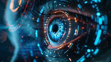 Abstract technology background with high tech circles. 3d rendering toned image double exposure,Image of human eye in process of scanning. Mixed media
