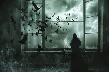 a witch surrounded by black birds, dark room with a big window and a storm outside
