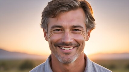 A serene portrait of a white man with a gentle smile, the soft light of dawn casting a warm glow over his peaceful visage, generative AI
