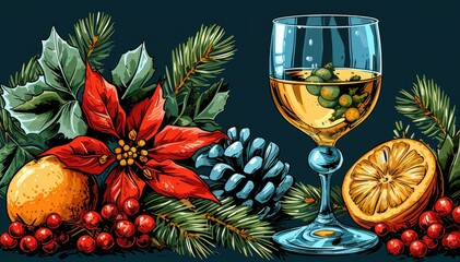 A glass of gin on a background of juniper and orange. Gin label illustration