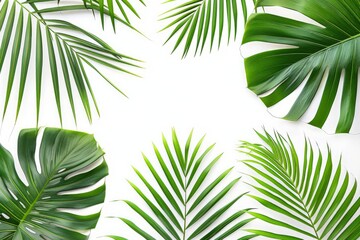 A cluster of vibrant green leaves arranged on a clean white background. - obrazy, fototapety, plakaty