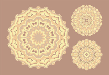 Set of floral patterns, mandala decoration with brown color concept. Flat vector design.