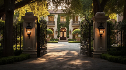 Fototapeta premium A palatial home with intricate wrought-iron gates, its grandeur augmented by a cobblestone courtyard.