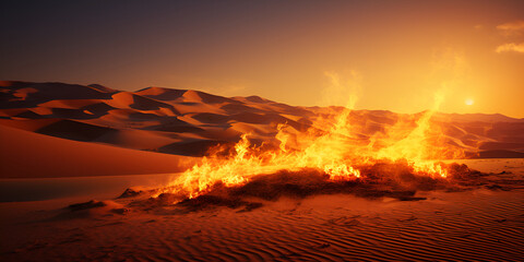 A Warm Glow Closeup of a Desert Campfire's Beauty, Tranquil Wilderness Campfire Magic in the Desert Evening