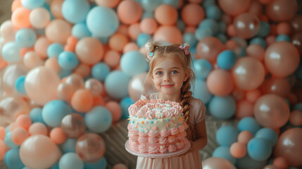 Fototapeta premium Zuckersüße Geburtstagsfreuden: Entzückendes Mädchen umgeben von einem Meer aus Cupcakes