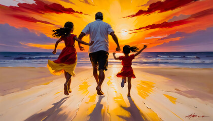A painting of father and daughter running on beach at sunset