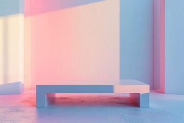A white bench is placed in front of a wall painted in pink and blue colors.