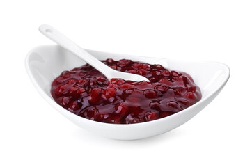 Fresh cranberry sauce in bowl isolated on white