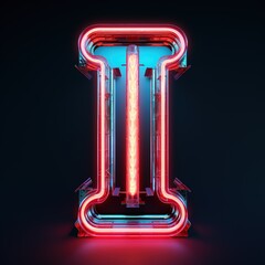Alphabet capital letter I text. Futuristic neon glowing symbol, logo on dark grunge background.