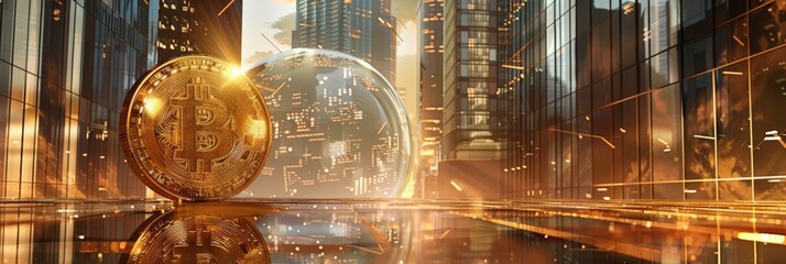Digital currency concept with a golden Bitcoin and skyscraper reflections