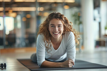 a young cheerful business woman doing plank exercise on yoga mat on the floor in office. during break time, workplace sport and fitness concept - Powered by Adobe