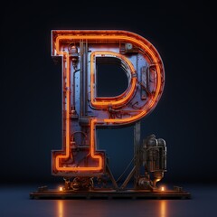 Alphabet capital letter P text. Futuristic neon glowing symbol, logo on dark grunge background. - obrazy, fototapety, plakaty