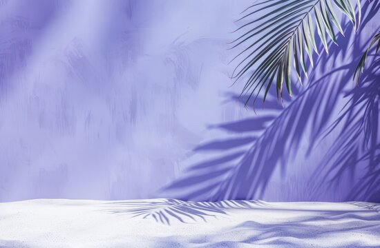 A palm tree casts a shadow on a purple wall, creating a striking visual contrast between the natural element and the man-made surface.