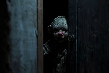 a evil puppet behind the door, dark room
