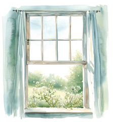 Watercolor open window with countryside view