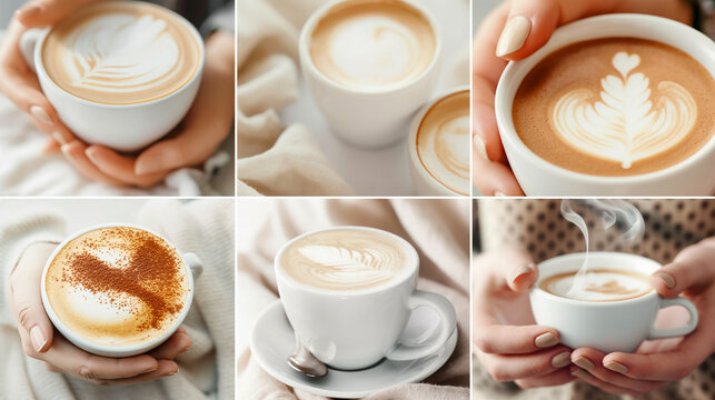 Coffee Cappuccino Collage: cozy atmosphere with creamy beige tones, montage of coffee cup images creating wallpaper, background, or banner with inviting warmth