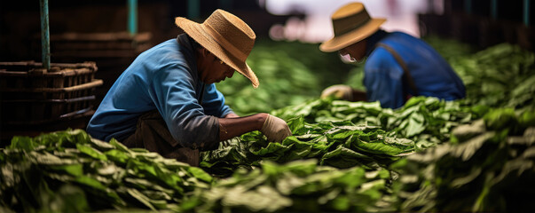 Workers processing tobacco leaves - obrazy, fototapety, plakaty