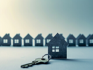 Minimalistic image of a row of paper cut out houses with a key lying in the foreground on a blank background, symbolizing the process of buying or selling real estate. Copy space.