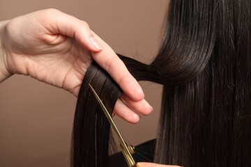 Hairdresser cutting client's hair with scissors on light brown background, closeup - obrazy, fototapety, plakaty