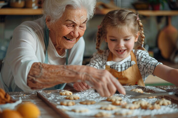 Smiling grandmother and her cute daughter cooking homemade cookies together at home