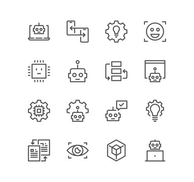 Set of artificial intelligence related icons, algorithm, self learning, face recognition and linear variety symbols.