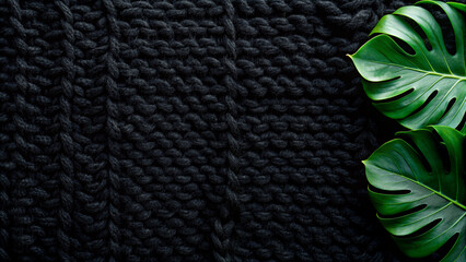 Monstera Leaf on Dark Textured Knitted Wool Background
