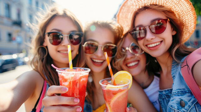 young women in the street having a selfie together, holding and drinking fresh red cocktail smoothie drink - Powered by Adobe