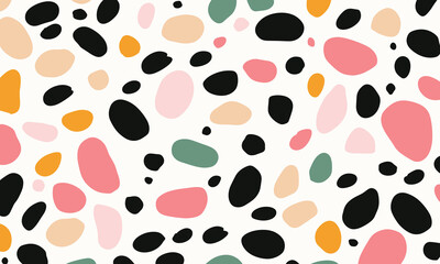 Fototapeta premium Pattern of Irregularly Shaped Dots in Various Colors, Resembling Pebbles or Stones, Scattered Across the Canvas in a Minimalistic Design. The Color Palette Includes Black, White, Green, Orange & Pink