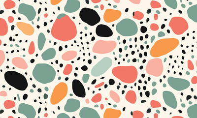 Pattern of Irregularly Shaped Dots in Various Colors, Resembling Pebbles or Stones, Scattered Across the Canvas in a Minimalistic Design. The Color Palette Includes Black, White, Green, Orange & Pink