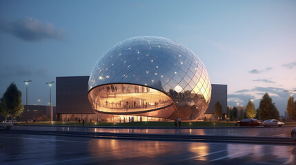 Exterior of a cultural center dominated by a large spherical element.