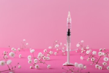 Cosmetology. Medical syringe and gypsophila flowers on pink background, space for text