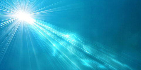 Fototapeta premium Helle Sonnenstrahlen mit blau türkisenen Licht als Hintergrundmotiv im Querformat für Banner