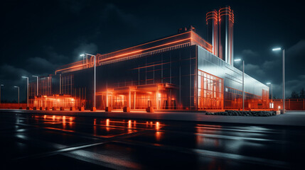 Fototapeta na wymiar Industrial building outlined by neon orange lighting fixtures.