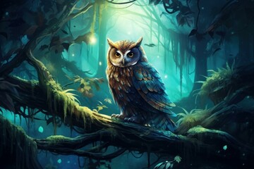 Nocturnal Owl forest bird. Hunter predator. Generate Ai