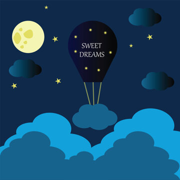 Sweet dreams in parachute with round moon stars and lovely green clouds vector illustration of good night 