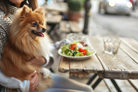 close-up cropped image of a woman holding a Spitz dog on her lap sitting at a table in a street cafe, there is a plate of vegetable salad on the table.girl with dog in cafe