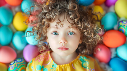 Fototapeta na wymiar Childish Sweetness: Portrait of a Child in Brightly Colored Clothes on a Sophisticated Design Background. Easter Clipart with Easter Eggs, Ideal for Creative Projects.