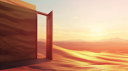 Opened door on desert. Unknown and start up concept.