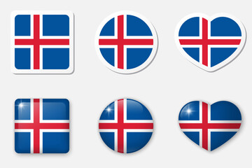 Flag of Iceland icons collection. Flat stickers and 3d realistic glass vector elements on white background with shadow.