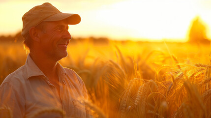 Bathed in the golden glow of the setting sun, the farmer stands amidst his bountiful field of swaying wheat, a contented smile playing on his lips as he surveys the fruits of his l
