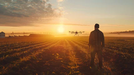 Fotobehang Amidst the quiet serenity of dawn, the modern farmer-agronomist stands in his field, launching a sophisticated drone equipped with remote sensing technology to monitor plant health © Maksym