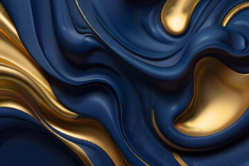 Liquid curls of dark blue color with gold powder. Luxurious wallpaper design.