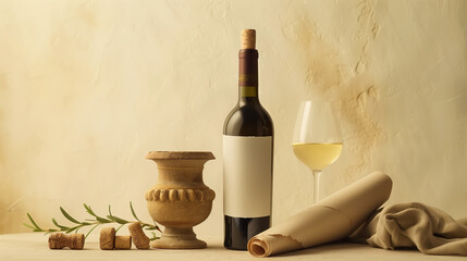 A still life setup featuring a wine bottle with a blank label, a filled glass, ancient urn, corks,...