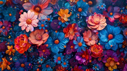 Vibrant Floral Background with Rich Blue and Purple Blooms, Colorful Natural Pattern for Design