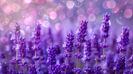 Vibrant Lavender Field with Sparkling Bokeh Background - Nature's Beauty in Purple Hues