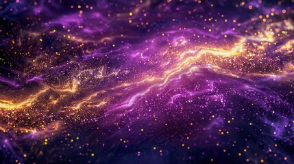 Abstract Cosmic Background with Vibrant Purple and Golden Waves Resembling Intergalactic Starfield...